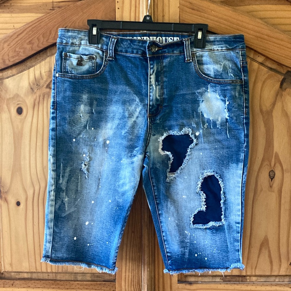 Men’s Grindhouse blue distressed frayed hem jean shorts size 38